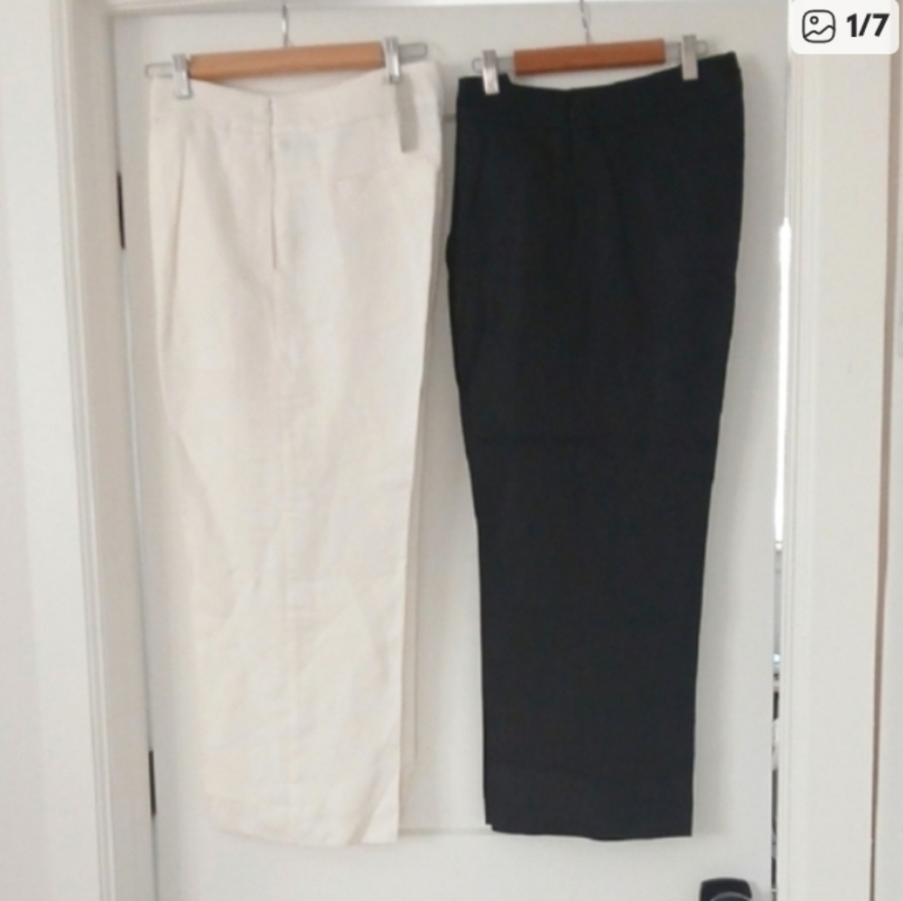 J. Crew Black and Cream Linen Cropped Pants